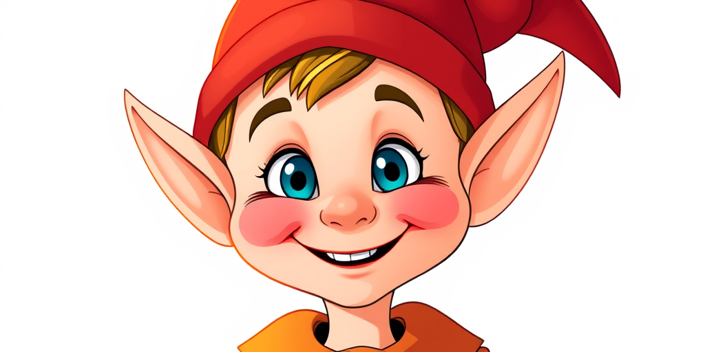 Create a high-resolution digital illustration of a cheerful elf character with a pointed hat and a playful expression, using a Canon EOS R5 camera, with a 50mm f/1.2 lens, ISO 100, aperture f/2.8, in a bright studio setting, emphasizing clean lines and vibrant colors.