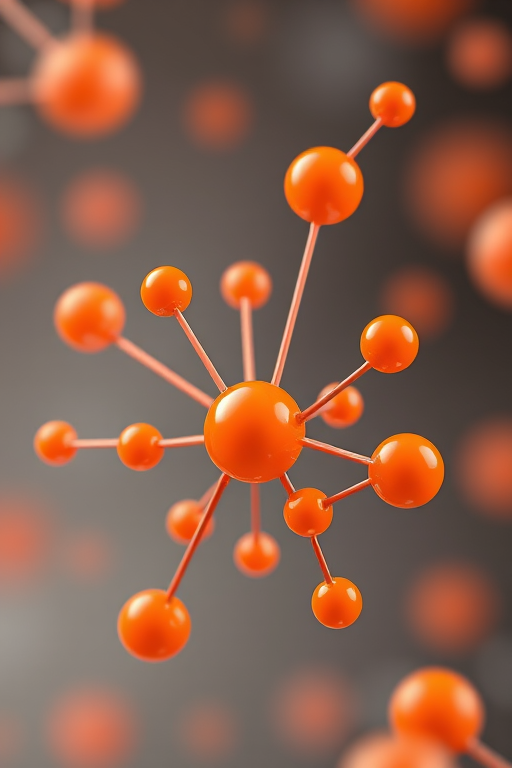 Create an illustration of abstract molecular structures featuring various sizes of orange spheres connected by lines on a transparent background, shot with a Canon EOS R5, 50mm lens, f/1.8 aperture, ISO 100, and a soft focus style to enhance the vibrancy of colors.