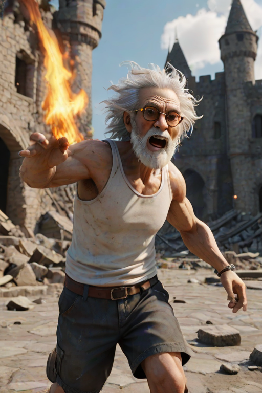 Cartoon 3D High-Resolution,dynamic battle scene using Unreal Engine 5 and Octane Render. The scene features back of an elderly, thai man with a beard,messy hair and round golden-rimmed glasses. He is wearing a tattered tank top with soot marks, shorts, and sandals. sweating. he wields a baseball bat. He jump to fight with a white fire-breathing Europe dragon amidst a partially destroyed stone castle. Include intense flames, smoke, and debris to enhance the dramatic effect.
