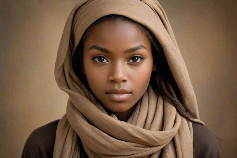 Create a portrait of a young Zulu female with long, dark hair and captivating hazel eyes. She is wearing a brown headscarf and a matching scarf draped gracefully around her neck. The background is softly blurred, focusing attention on her serene and natural expression. The overall color palette is muted and warm, enhancing the intimate and authentic feel of the portrait.