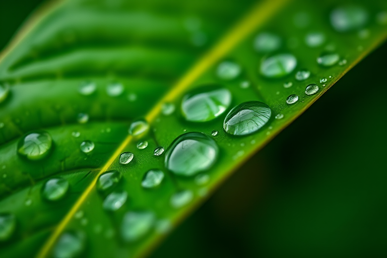Close-up of a green leaf with water droplets, shallow depth of field, soft background bokeh, taken with a macro lens at f/2.8, ISO 100, 1/250s shutter speed, natural lighting, DSLR camera.