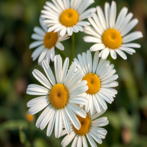 capture a detailed illustration of five daisies in a close-up view with a shallow depth of field, using a DSLR camera, aperture f2.8, ISO 100, and a 50mm lens to enhance color vibrancy and clarity