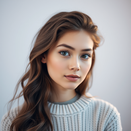 portrait of a young woman with long wavy hair, soft lighting, pastel colors, high-resolution, 85mm lens, f/1.8 aperture, ISO 100, shallow depth of field, soft bokeh background, natural makeup, cozy sweater, dreamy atmosphere, taken with a digital mirrorless camera