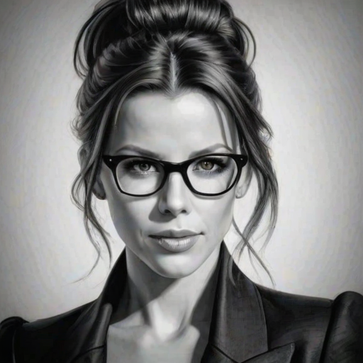 Resplendent Kate Beckinsale, pencil sketch, portrait of Alluring woman 1926s in glasses, hair style beatnik, outline, clear lines, fine lines, 8k