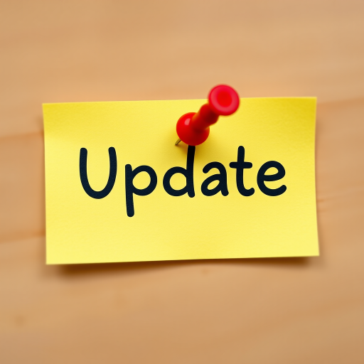 Create a high-resolution image of a yellow sticky note with a red pushpin, displaying the word "Update" in bold black letters, using a DSLR camera with a 50mm lens at f/2.8, ISO 100, and a shallow depth of field for a smooth background blur, taken from a top-down view to emphasize the note.