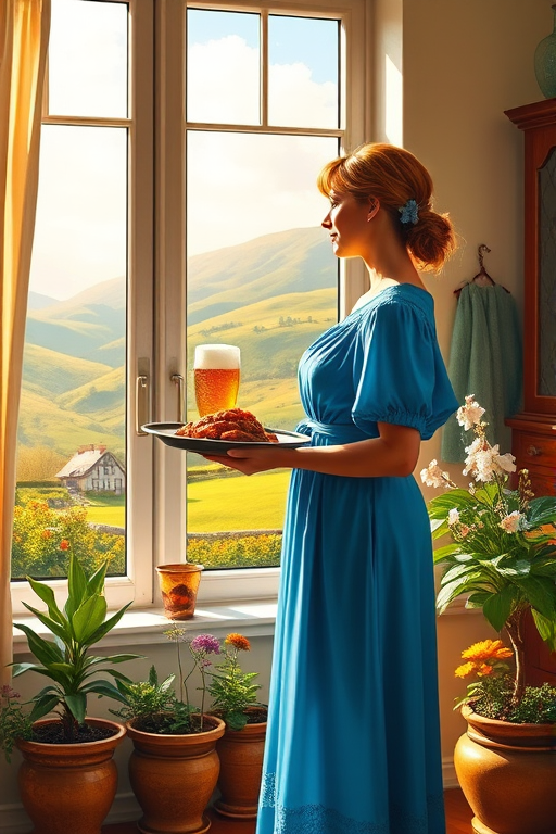 In "A Glass of Beer on the Highland," a serene scene is depicted in a sunlit room where a woman in a vibrant blue dress stands by a large window. She holds a tray with a hearty meal and a frothy glass of beer, embodying a moment of relaxation. Outside, the breathtaking highland landscape features rolling green hills and a charming traditional house, all bathed in warm afternoon light. The interior is adorned with potted plants, creating a harmonious blend of comfort and nature. The painting beautifully captures the tranquility and joy found in simple pleasures amidst stunning scenery