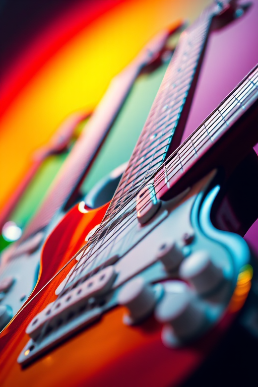 abstract composition of electric guitars, vibrant color gradients with diagonal lines, high contrast lighting, macro lens, aperture f/2.8, shutter speed 1/100s, ISO 200, taken with a DSLR camera from a low angle perspective to enhance depth and texture.