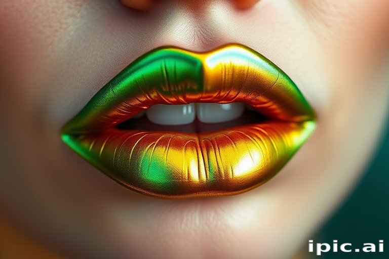 Duochrome lips shifting from emerald to gold, smooth and seamless color transition, mesmerizing and unique effect, captivating Mermaid Scale Morph aesthetic