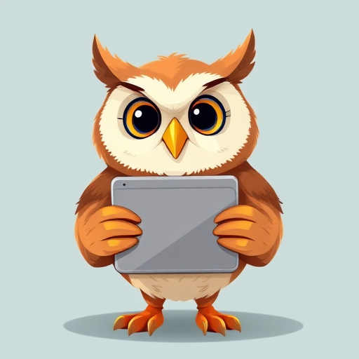 create a cartoon-style image of an owl holding a tablet, bright colors, sharp details, ISO 100, f/4, 1/250s, 35mm lens, front view, digital illustration
