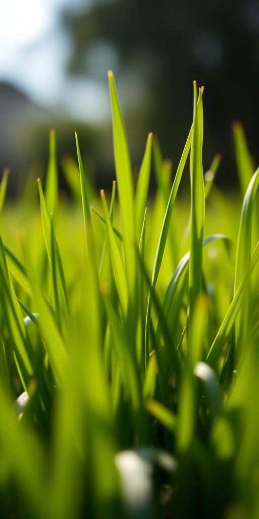 close-up shot of lush green grass with a shallow depth of field, ISO 100, f/2.8, 50mm lens, natural light, macro photography style, full-frame DSLR camera