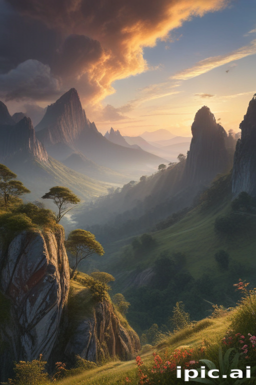 Majestic Mountain Landscape Under Dramatic Sunset with Lush Green Valleys