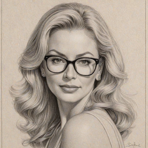 Radiant Shannon Tweed, pencil sketch, portrait of Ravishing woman 1934s in glasses, hair style beatnik, outline, clear lines, fine lines, 8k