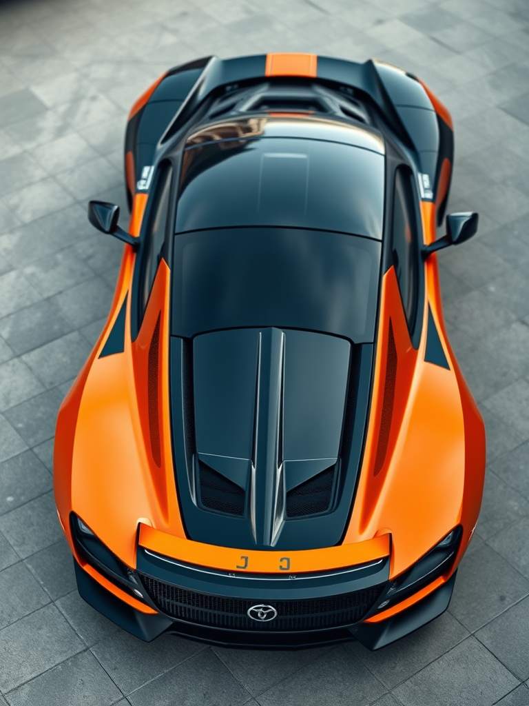 high-definition image of a sleek black and orange sports car from an aerial view, capturing intricate details of the car's design, natural lighting, sharp focus, 16mm lens, f/2.8 aperture, ISO 100, DSLR camera
