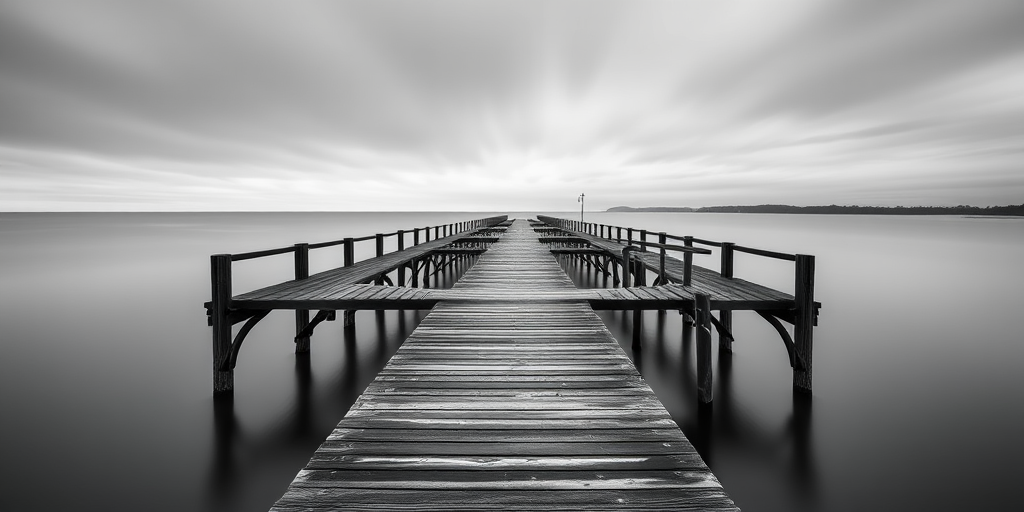 black and white photograph of a long wooden pier extending into calm water during overcast weather, captured with a Canon EOS R5, 35mm lens, f/11 aperture, ISO 100, 30 seconds exposure for smooth water effect, shot from a low angle to emphasize the pier structure and leading lines