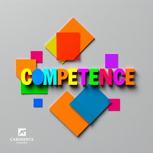 Create a vibrant abstract design featuring the word "COMPETENCE" in colorful circular letters, surrounded by multicolored overlapping squares on a textured gray background, using a Canon EOS R5 camera, 50mm lens, f/1.8 aperture, ISO 100, and a vibrant color style.