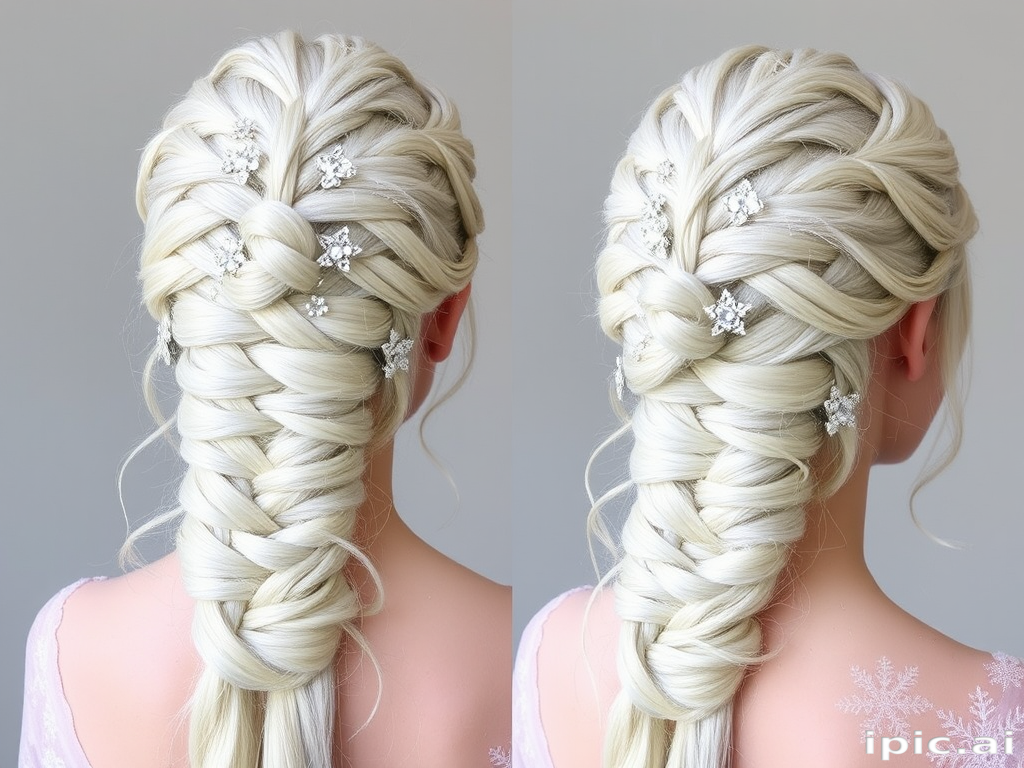 Silvery white waist-length braided updo adorned with crystal hairpins, dubbed "Winter's Embrace" hair, incorporating intricate knots and twists throughout