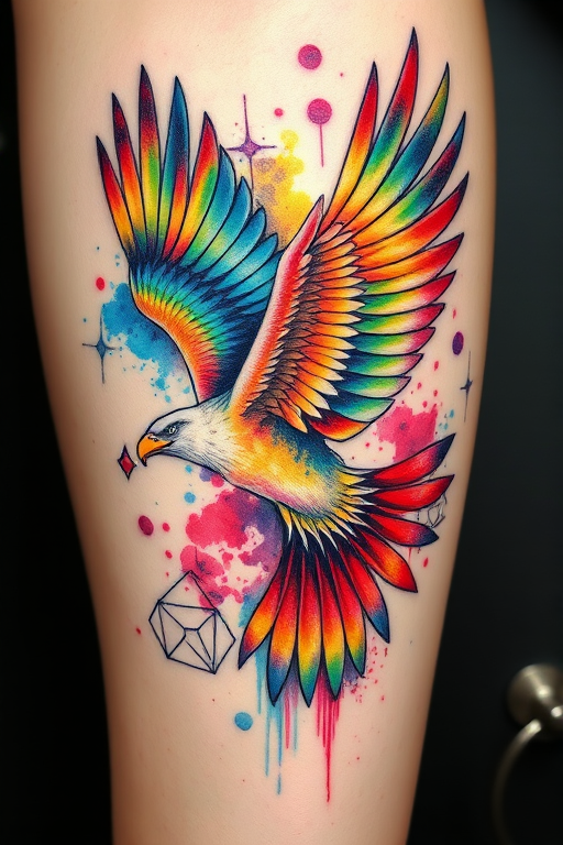 Vibrant watercolor splash tattoo featuring a soaring eagle with rainbow feathers, blending seamlessly into a cosmic nebula backdrop, incorporating intricate geometric patterns and delicate line work for a stunning fusion of realism and abstraction