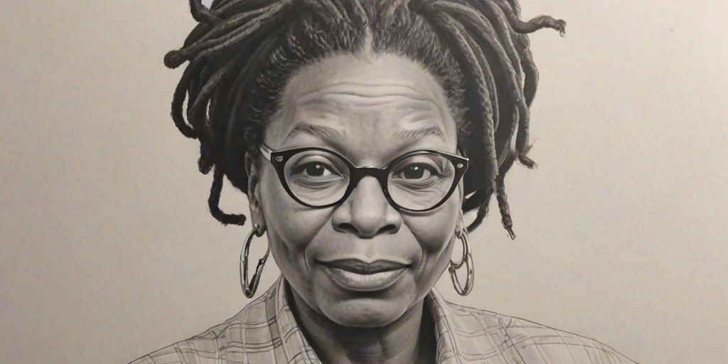 Fascinating Whoopi Goldberg, pencil sketch, portrait of Fetching woman 1956s in glasses, hair style beatnik, outline, clear lines, fine lines, 8k