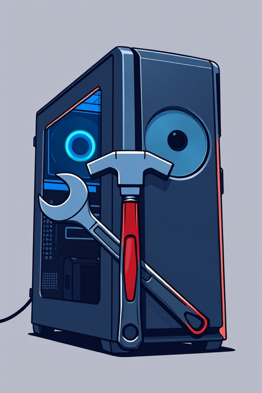 Create a high-resolution illustration of a computer tower with a hammer and wrench crossed in front of it, using a Canon EOS 5D Mark IV with a 50mm lens, aperture f/1.8, ISO 100, soft lighting, from a straight-on view, in a vector art style.