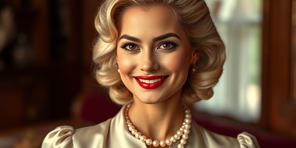A beautiful Burmese woman reminiscent of 1950s Hollywood glamour, with perfectly styled blonde hair and a seductive smile, dressed in a satin blouse and adorned with pearls, soft and warm tones, photorealistic, 8K