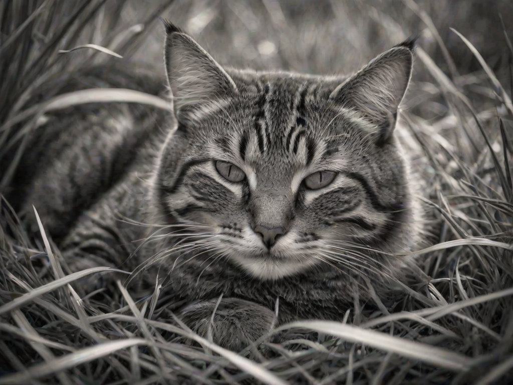 A sleeping tabby cat nestled in grass, captured in black and white with soft lighting and a blurred natural background.