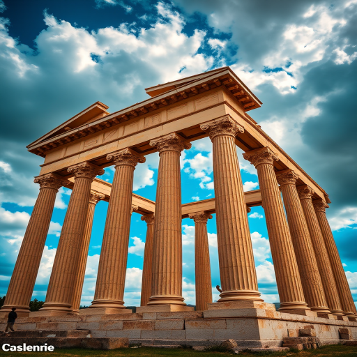 Create a vibrant, stylized image of a classical temple with dramatic clouds in the background, using a wide-angle lens at f/8, ISO 100, 1/250 sec shutter speed, shot from a low angle to emphasize the height of the columns and enhance details, in a digital art style.
