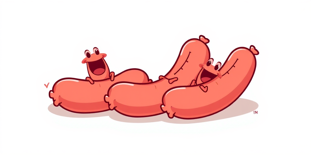 Generate a vibrant illustration of three stylized sausages in a playful arrangement, using a high-resolution digital camera at 50mm lens, f/8 aperture, ISO 100, soft lighting to enhance colors and details, captured from a slightly elevated view for depth.