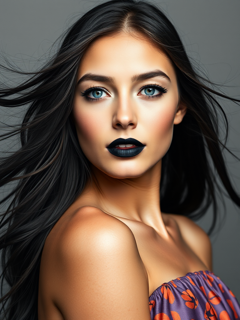 Photographic image of a beautiful young Native American woman, blue eyes, lips with black lipstick, long hair fluttering in the wind and wearing a silk strapless dress with a soft purple and orange print. monochrome image with only color highlights in the iris of the eyes, lipstick and dress. Gray background.