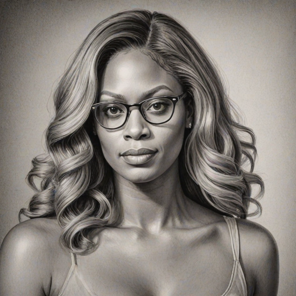 Elegant Laverne Cox, pencil sketch, portrait of Wonderful woman 1939s in glasses, hair style beatnik, outline, clear lines, fine lines, 8k