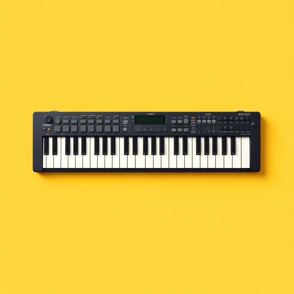 Create a high-resolution, flat design illustration of a MIDI keyboard with a vibrant yellow background, using a Canon EOS R5, 50mm lens, f/2.8 aperture, ISO 100, with a slight top-down angle for emphasis on the keys and pads.