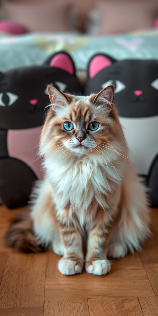 A fluffy white and gray cat with striking blue eyes sitting on a wooden floor in front of plush cat-themed pillows with pink accents in a cozy room setting. The cat has long fur and a serious expression, while the background features a softly lit bed with pastel colors.