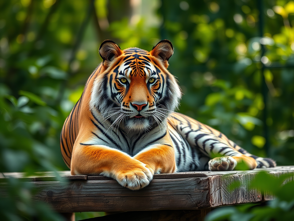 Regenerate an image of a tiger resting on a wooden platform in a lush green environment with soft bokeh, using a Canon EOS R5 camera, 85mm lens, aperture f/1.8, shutter speed 1/200s, ISO 200, natural light with a shallow depth of field for enhanced clarity and detail.