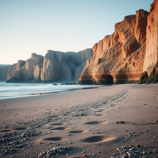 Create a serene beach scene with dramatic cliffs in the background, using a Canon EOS R5 camera, 24mm lens, aperture f/8, shutter speed 1/200s, ISO 100, capturing a landscape view with soft natural lighting.