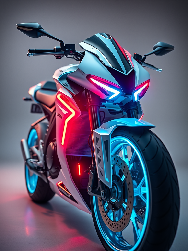 Create a high-resolution image of a futuristic motorcycle with neon accents and a sleek design, shot with a Canon EOS R5, 50mm lens, f/1.8 aperture, ISO 100, at a low angle view, studio lighting to enhance reflections and depth.