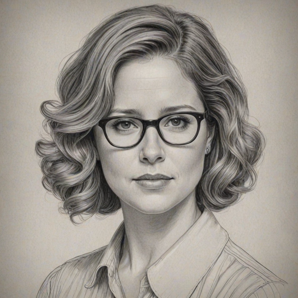 Ravishing Jenna Fischer, pencil sketch, portrait of Splendid woman 1933s in glasses, hair style beatnik, outline, clear lines, fine lines, 8k