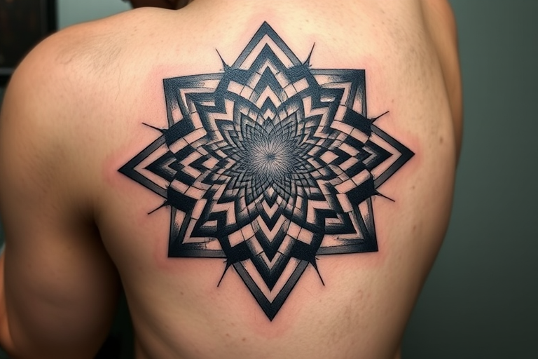 Mesmerizing optical illusion tattoo called "Dimensional Shift" that plays with perspective and visual perception. Intricate geometric patterns and shading techniques create the illusion of depth, movement, and three-dimensionality on the flat surface of the skin. Black and grey ink is used exclusively, enhancing the graphic impact of the mind-bending design.
