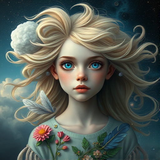 Create a series of imaginative portraits where each subject is infused with elements of fantasy and nature. The hair of the individuals should flow like clouds, varying from soft, fluffy cumulus to wispy cirrus strands, with hints of color reflecting a sunset or a clear blue sky. The eyes should be windows to entire galaxies, with stars, nebulae, and distant planets visible within them. Clothing should be adorned with nature motifs, such as floral patterns that bloom and change, vines that seem to grow and wrap around, or feathers that shimmer with iridescence. Each portrait should capture a unique personality, blending human features with the ethereal beauty of the natural and cosmic world. The backgrounds can vary, from starry night skies to enchanted forests, adding depth and context to the magical realism of the portraits