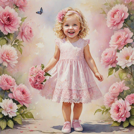 hyperrealism happy smiling toddler girl with messy wavy blonde hair with a headband, she is wearing a pink and white lace dress with pink and white shoes, she is holding a pink bouquet of flowers. Pink flowers and butterflies. summer background. Watercolor Highly detailed
