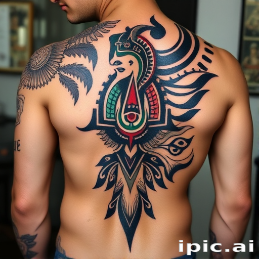 Tribal fusion tattoo named "Ancient Echo" blending traditional Polynesian and Maori motifs with contemporary design elements, creating a bold and striking pattern that flows with the contours of the body