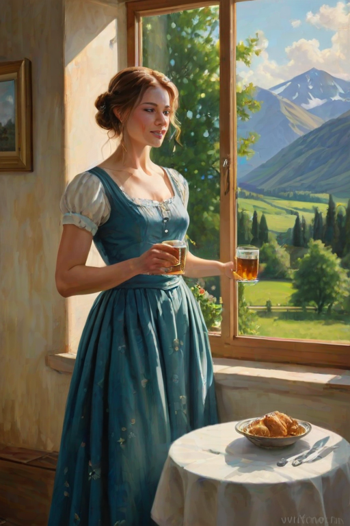 In "A Glass of Beer on the Highland," a serene scene is depicted in a sunlit room where a woman in a vibrant blue dress stands by a large window. She holds a tray with a hearty meal and a frothy glass of beer, embodying a moment of relaxation. Outside, the breathtaking highland landscape features rolling green hills and a charming traditional house, all bathed in warm afternoon light. The interior is adorned with potted plants, creating a harmonious blend of comfort and nature. The painting beautifully captures the tranquility and joy found in simple pleasures amidst stunning scenery