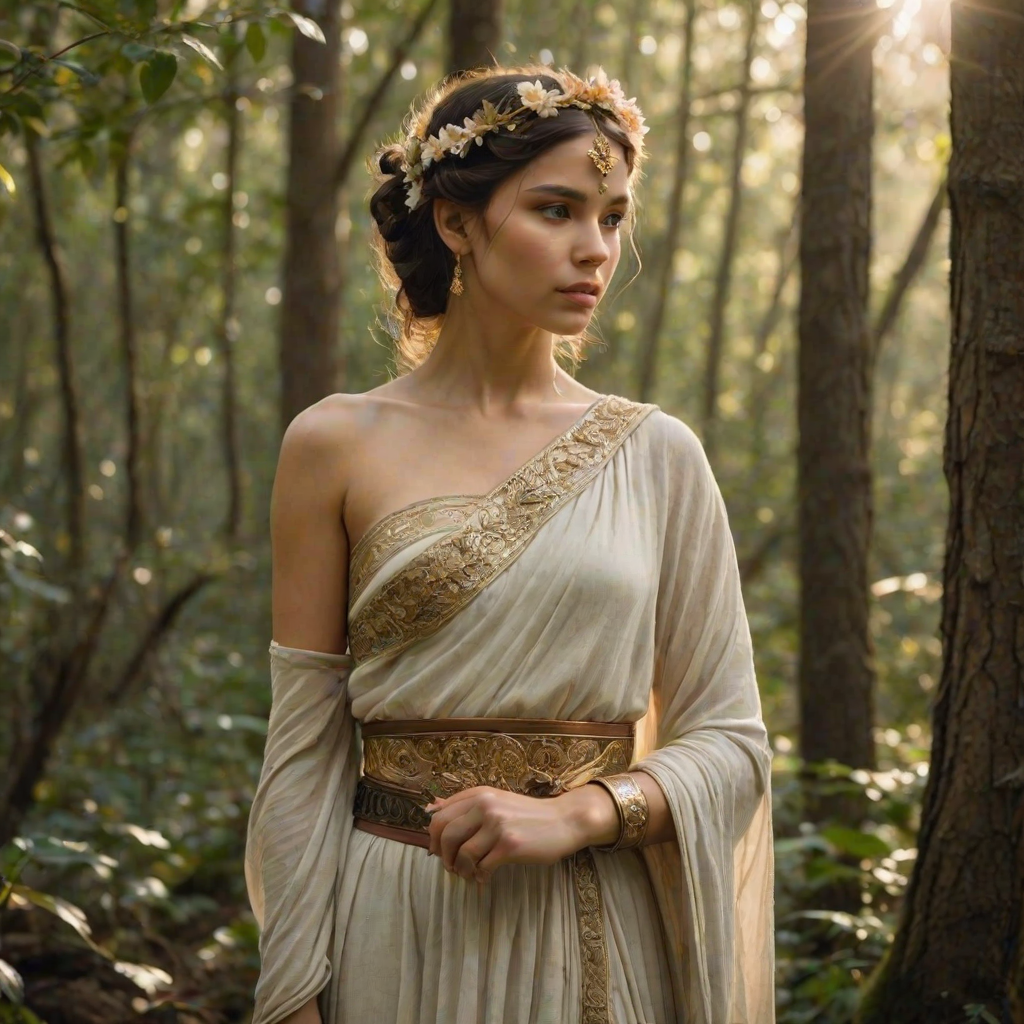 Create a portrait of a goddess-like Inca girl figure in a tranquil, forested environment. She has an elegant appearance with long, wavy hair styled in an updo and adorned with a delicate, floral headband. She wears a flowing, ancient Greek-inspired gown in a soft, pale color, featuring a one-shoulder design and draped fabric that accentuates her graceful form. The outfit includes a decorative belt with ornate gold detailing, and she holds a bow in her hand, with a quiver of arrows slung over her shoulder. The background depicts lush greenery, with sunlight filtering through the trees, casting a gentle, ethereal light on the scene. Her expression is calm and contemplative, embodying a sense of wisdom and serenity.