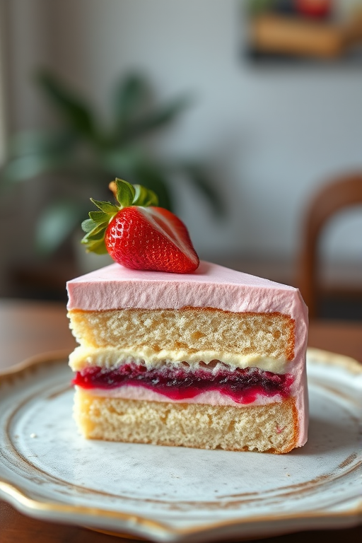 A slice of layered cake on a rustic plate featuring a light pink mousse topping with a strawberry on top a layer of berry jam and a soft vanilla sponge base, indoor lighting with a soft focus background