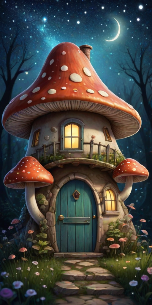 create illustration of a mushroom house with a door and a window, a storybook , fantasy art, mushroom house, bg starry sky, sparkles