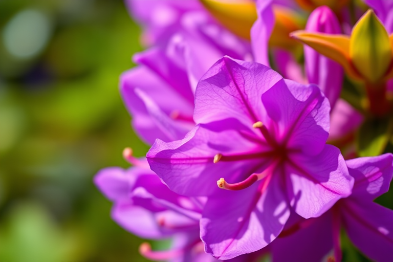 Close-up of vibrant purple rhododendron flowers in natural light, aperture f/2.8, shutter speed 1/200s, ISO 100, 50mm macro lens, DSLR camera, shallow depth of field for enhanced detail and focus on flower textures.