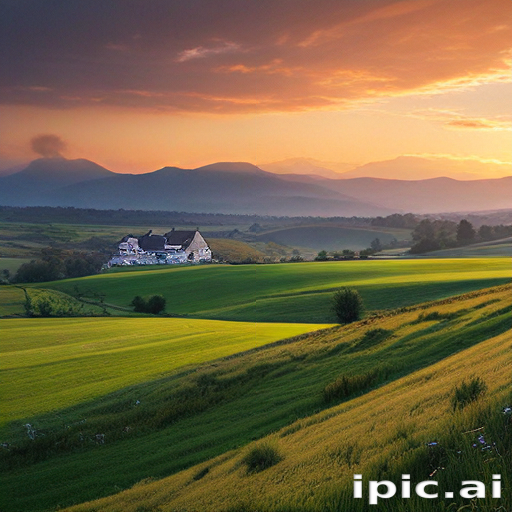 Serene Sunset Over Rolling Green Hills and a Quaint Farmhouse