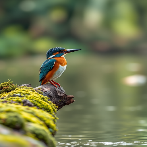 Create a high-resolution image of a kingfisher perched on a mossy log beside a serene river, with soft diffused lighting, captured with a DSLR camera at f/2.8, ISO 100, 1/200 sec, using a 100mm macro lens and a shallow depth of field for enhanced detail and bokeh effect in the background.