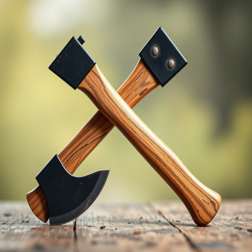 A pair of crossed double-headed axes with wooden handles arranged in an appealing composition, captured with a Canon EOS R5 camera, 50mm lens, f/1.8 aperture, ISO 100, and 1/200 sec shutter speed, soft focus background for enhanced detail and quality.