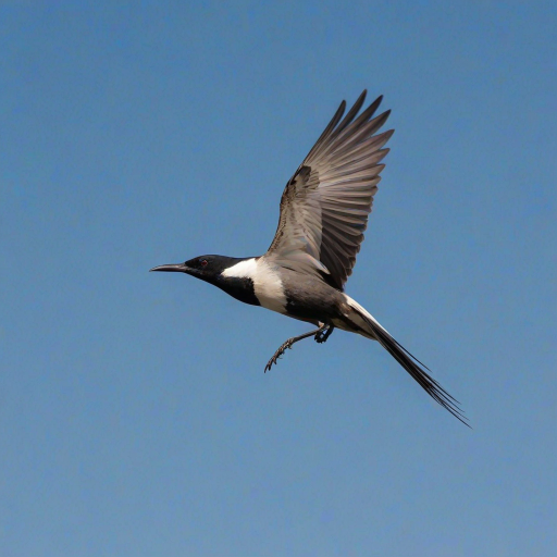 Create an image of a black-headed bird in flight against a clear blue sky, showcasing its long wings and slender body.