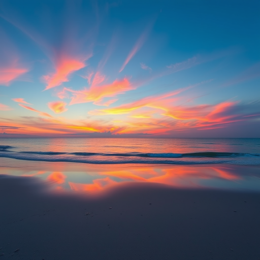 Generate an image of a calm beach at sunset, capture vibrant orange and pink hues in the sky reflecting on the water, use a Canon EOS 5D Mark IV, set aperture to f/8, ISO 200, shutter speed 1/60 sec, wide-angle view with a subtle vignette effect.