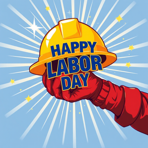 Create an illustration featuring a hand wearing a red glove holding a yellow hard hat with the text "Happy Labor Day" in bold letters, surrounded by star bursts and rays of light, captured with a Canon EOS R5, 50mm lens, aperture f/2.8, natural lighting, high contrast for vibrant colors.